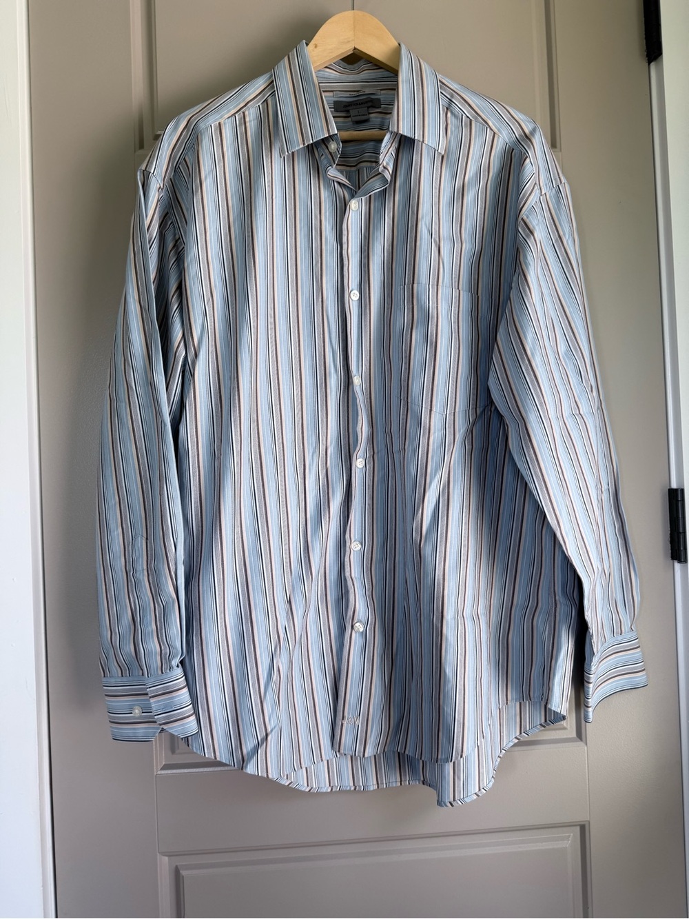 Johnston Murphy light blue tan strip long sleeve button up shirt